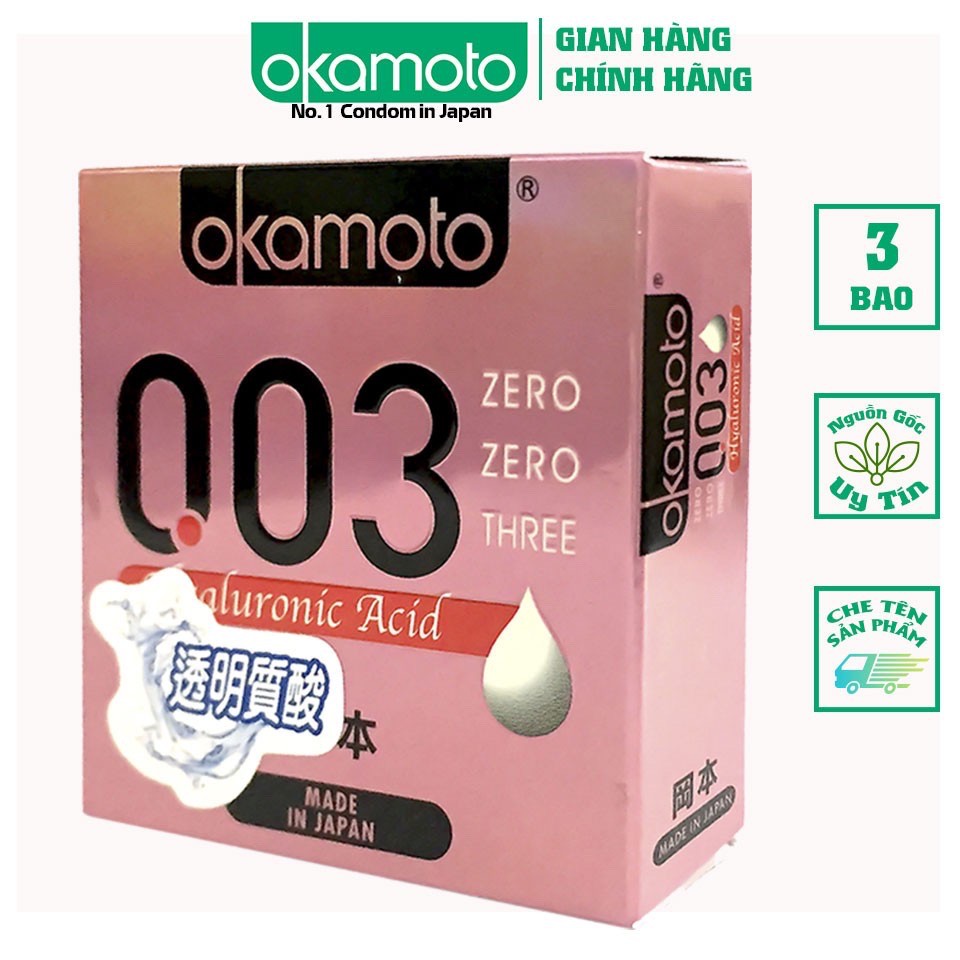 Bao Cao Su Okamoto 0.03 Hyaluronic Acid, Siêu Mỏng, Dưỡng Ẩm Và Bôi Trơn (Hộp 3C)