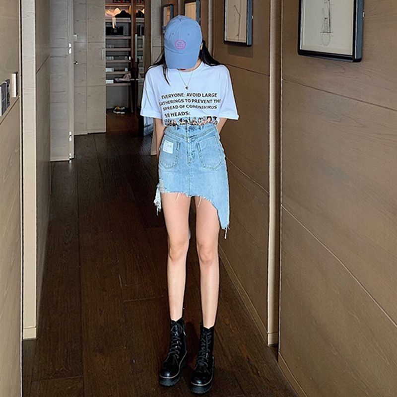 Jiashucheng Chân Váy Denim Mùa Hè Dáng Chữ a Lưng Cao Thiết Kế Không Đồng Đều Phong Cách Mới Cho Nữ