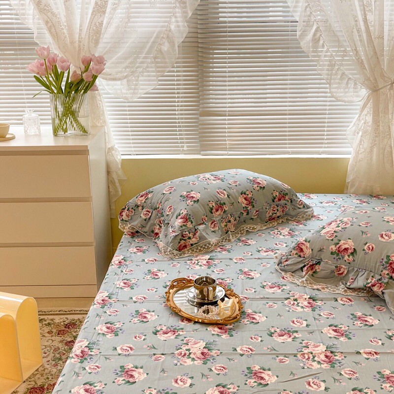 Set ga gối cotton viền bèo vintage điệu đà - set 3 món - freeship