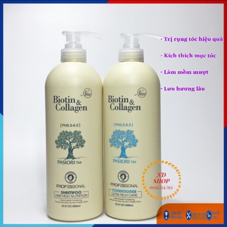 Cặp dầu gội + xả biotin collagen trắng 1000ml, dầu gội biotin, giảm rụng và kích thích mọc tóc