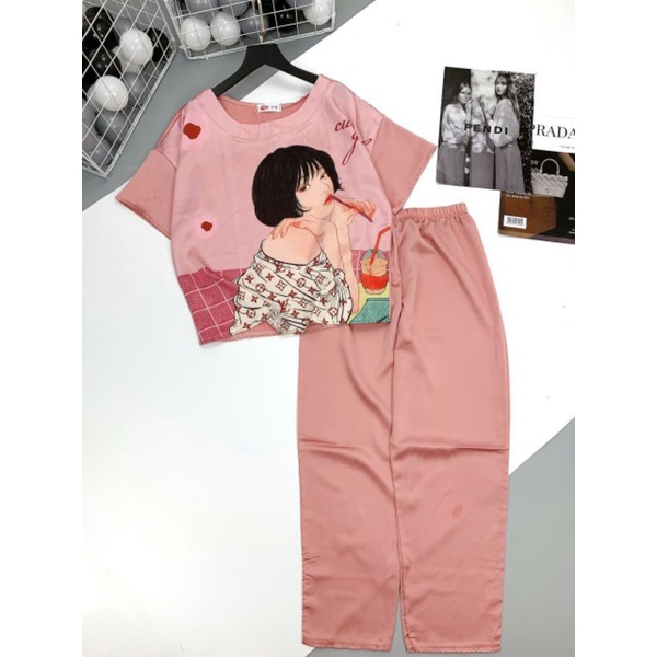 Set Bộ Satin Pijama Cổ Tròn Tay Lỡ Quần Dài Mặc Nhà Nữ