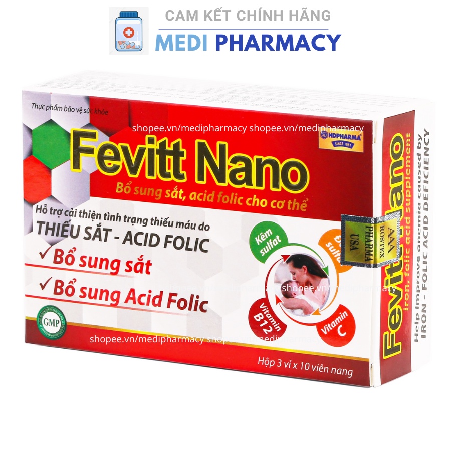 Viên uống bổ máu Fevitt Nano bổ sung Sắt, Acid Folic cho người thiếu máu - Hộp 100 viên
