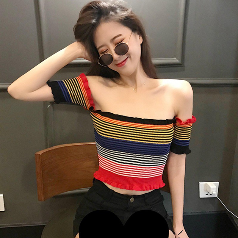 [Baywellfashion]Áo crop top trễ vai phối họa tiết sọc ngang quyến rũ trẻ trung dành cho nữ | BigBuy360 - bigbuy360.vn