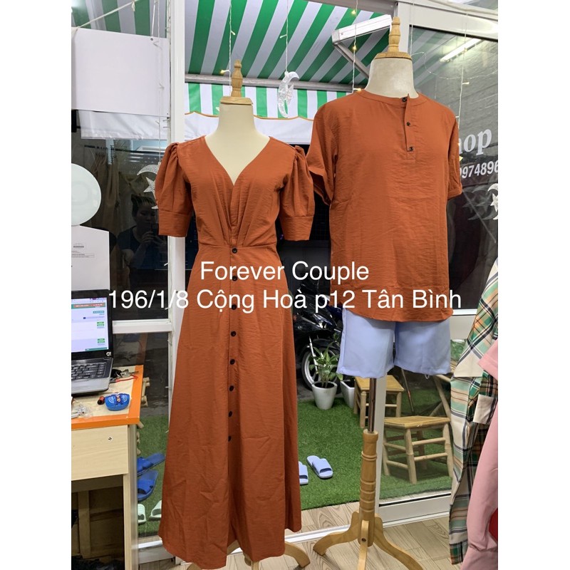 Áo váy đôi đi biển maxi chất linen thun cam đất  Forever Couple