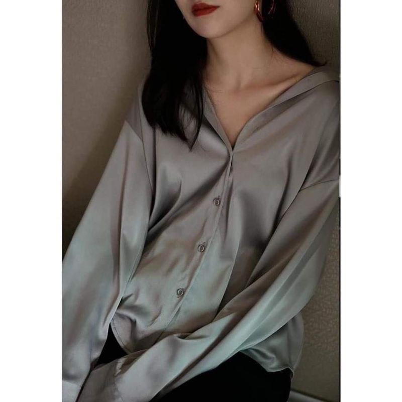 Áo sơ mi TAHARI lụa satin phi bóng tay dài màu trơn xám, xanh navy