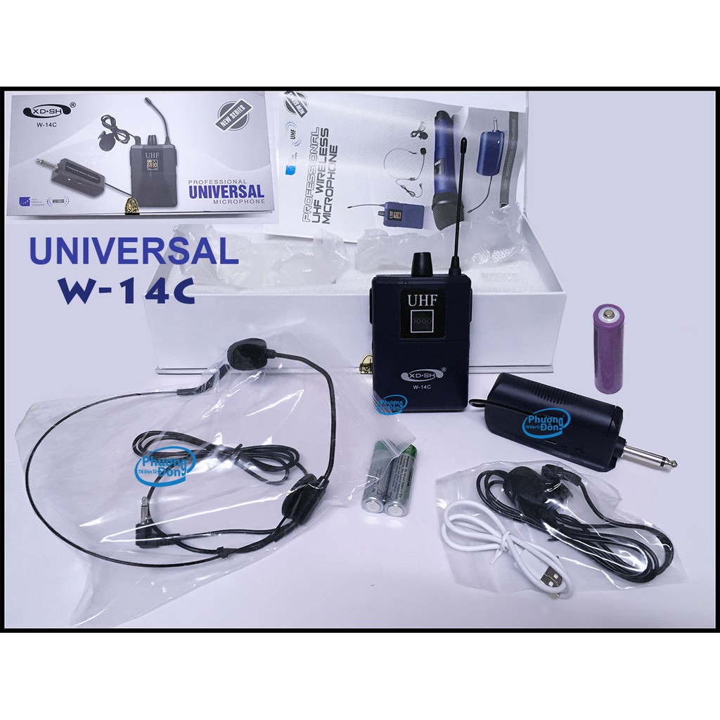 Bộ Micro không dây Đeo tai-Cài áo UNIVERSAL W-14C UHF dành cho Giáo Viên - MC Tặng 1 Jack chuyển 6.5mm ra 3.5mm
