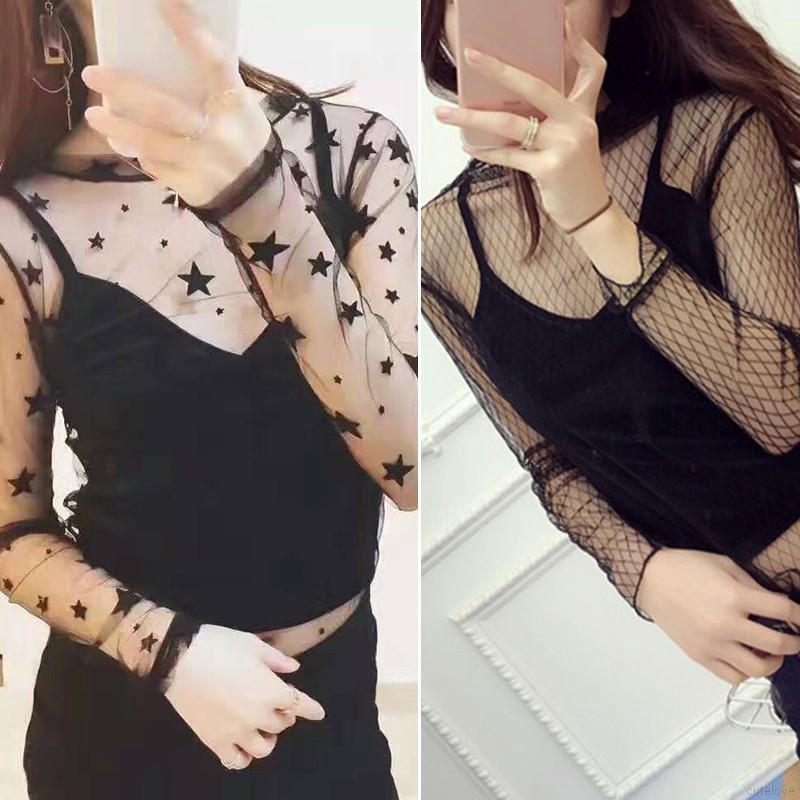 Sexy Blouse Long Sleeve Stand Collar Lace Shirt Mesh Net | BigBuy360 - bigbuy360.vn