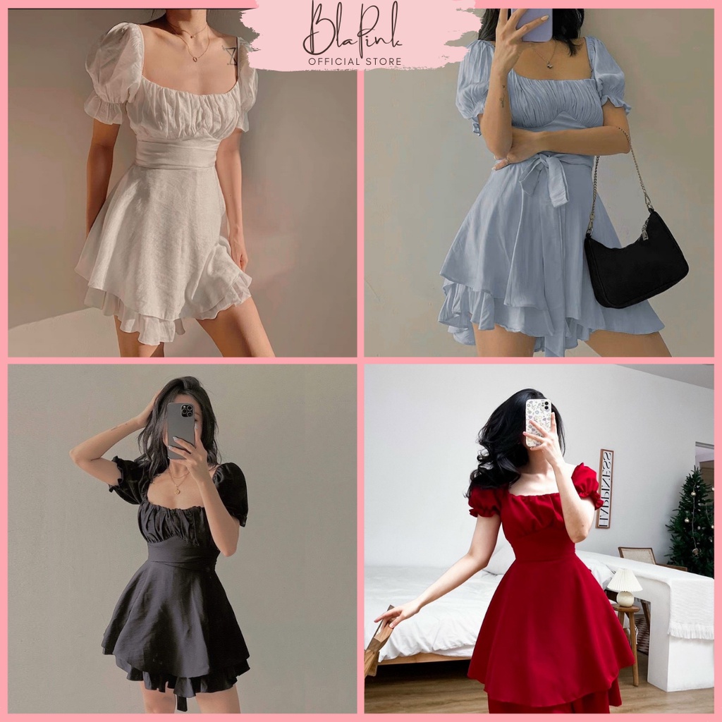 Váy babydoll trắng trễ vai BlaPink dáng xòe nhún ngực hai lớp có ...