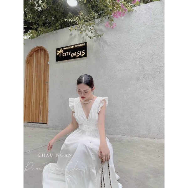 Đầm maxi trắng tay cánh tiên nơ lưng siêu hot