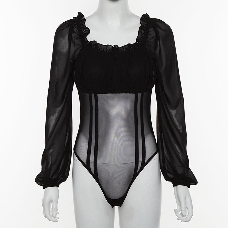 Sexy Off Shoulder Mesh Patchwork Slim Bodysuit Women Long Sleeve Ruffle Rompers | BigBuy360 - bigbuy360.vn