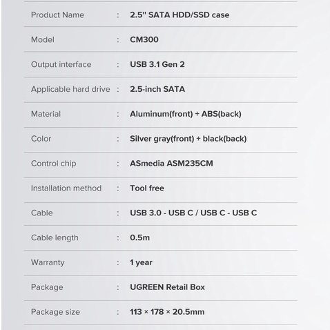 Ugreen Hộp Đựng Ổ Cứng Ngoài HDD 2.5 6Gbps Sata Sang Usb C 3.1 Gen 2