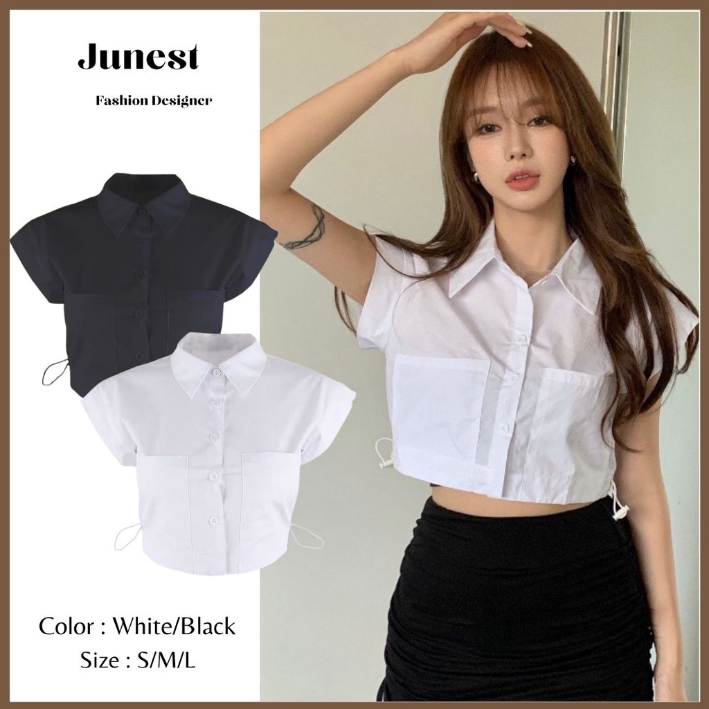 Áo sơ mi croptop nữ tay ngắn JUNEST dây rút eo cổ đức SMDR02 | BigBuy360 - bigbuy360.vn