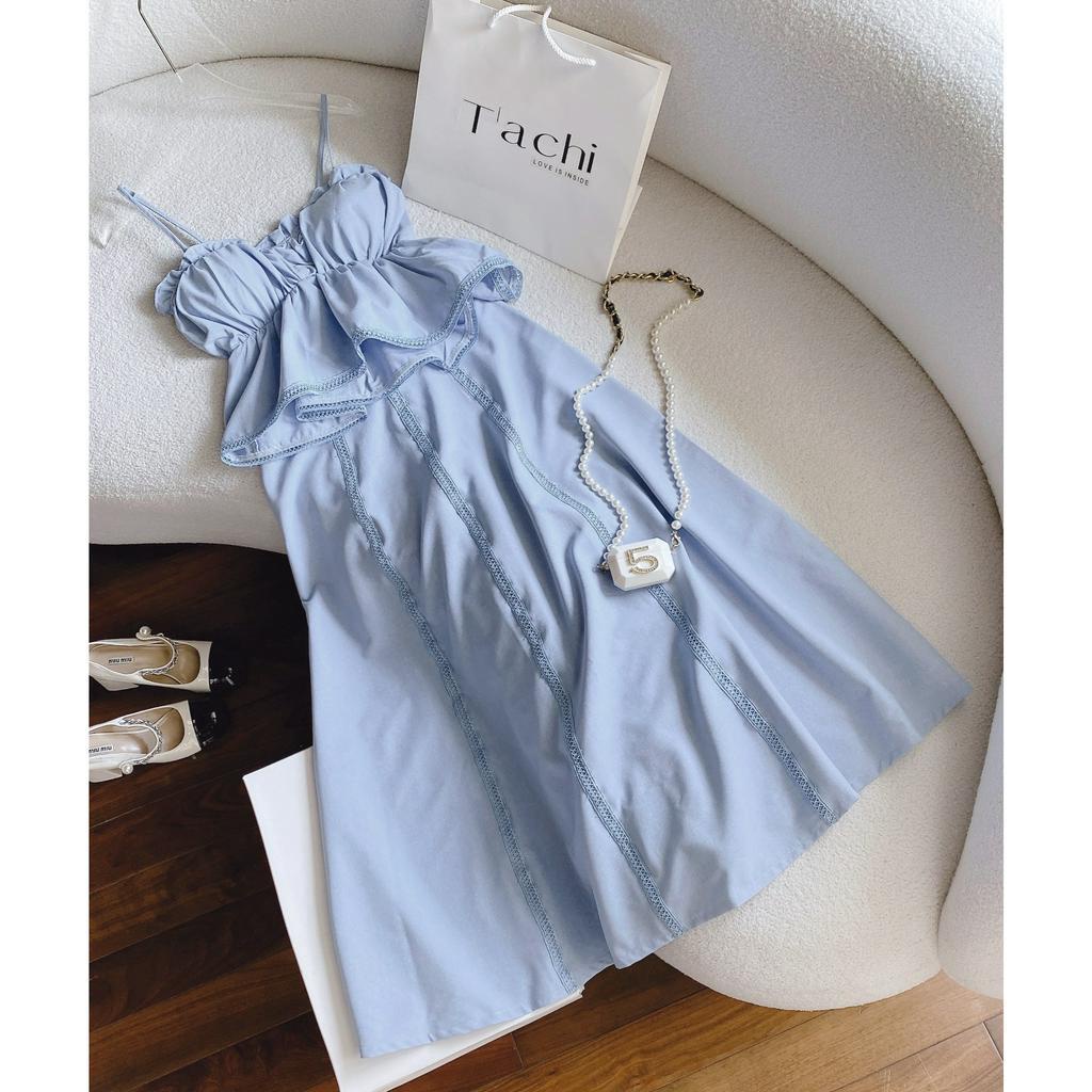 SET ÁO PEPLUM XANH BÈO 2 DÂY + CHÂN VÁY MIDI XÒE