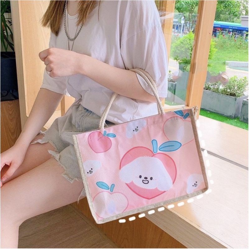 túi cói tote phối vải hoạ tiết 3d có khoá kéo