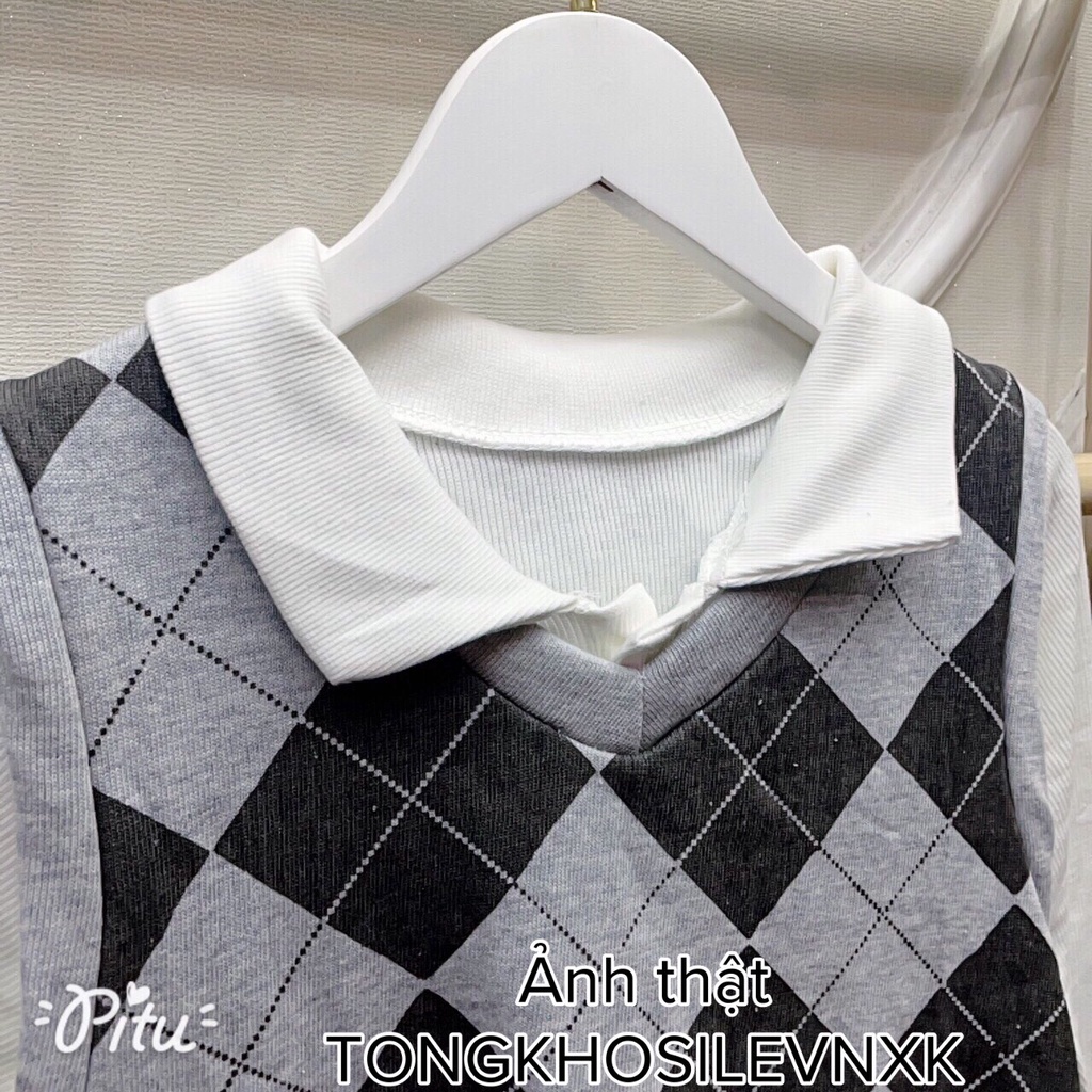 Set 3 Món Chân Váy Kẻ Caro + Áo Gile Kẻ Ô + Áo Polo Croptop Dài Tay Trắng - Set Váy Áo Gile Crt Hàn Quốc Màu Xám