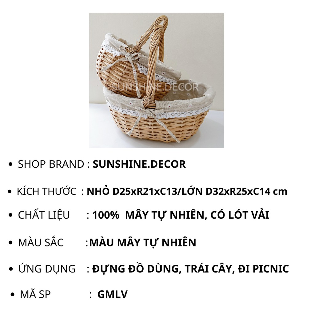 Giỏ Mây Đựng Đồ đi Picnic Có Quai Xách và Lót Vải Phong Cách Vintage-Sunshine.decor