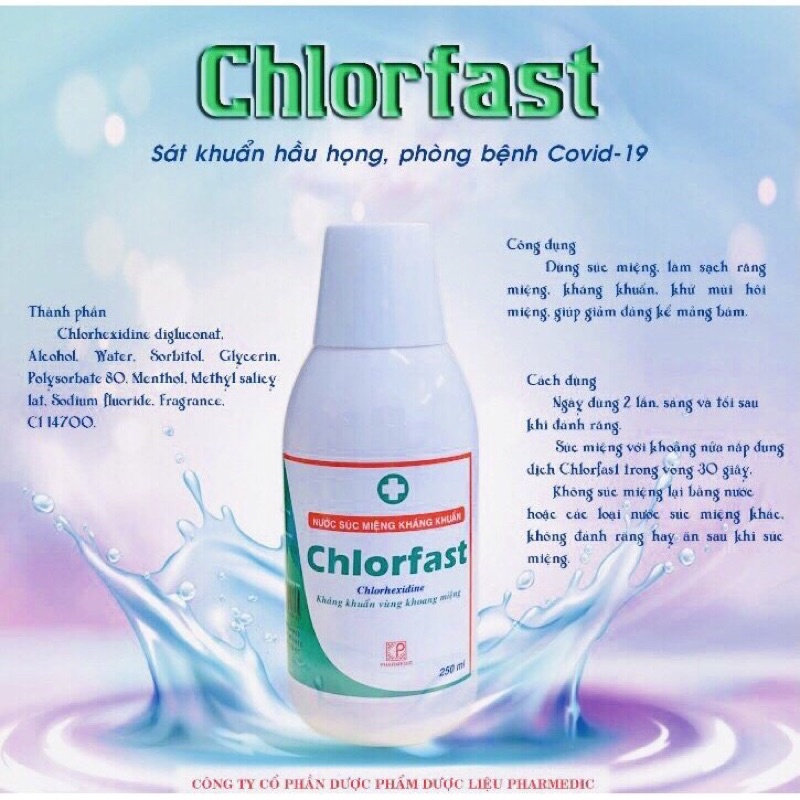 Nước súc miệng Chlorfast kháng khuẩn, làm sạch răng, miệng, họng, khử mùi hôi, ngừa mảng bám (Chai 250ml)