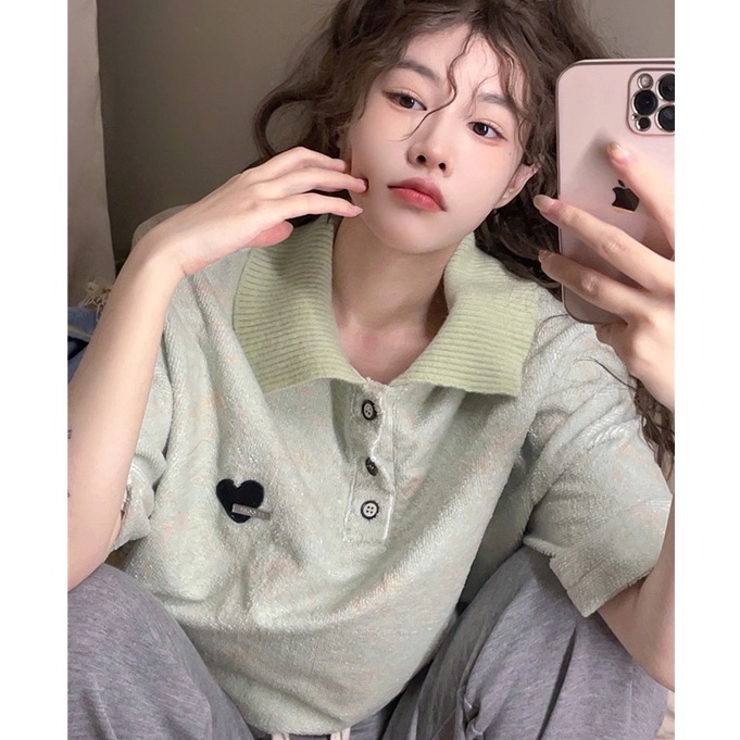 Áo Thun Dệt Kim Tay Ngắn Cổ Polo Màu Trơn Thời Trang Dành Cho Nữ