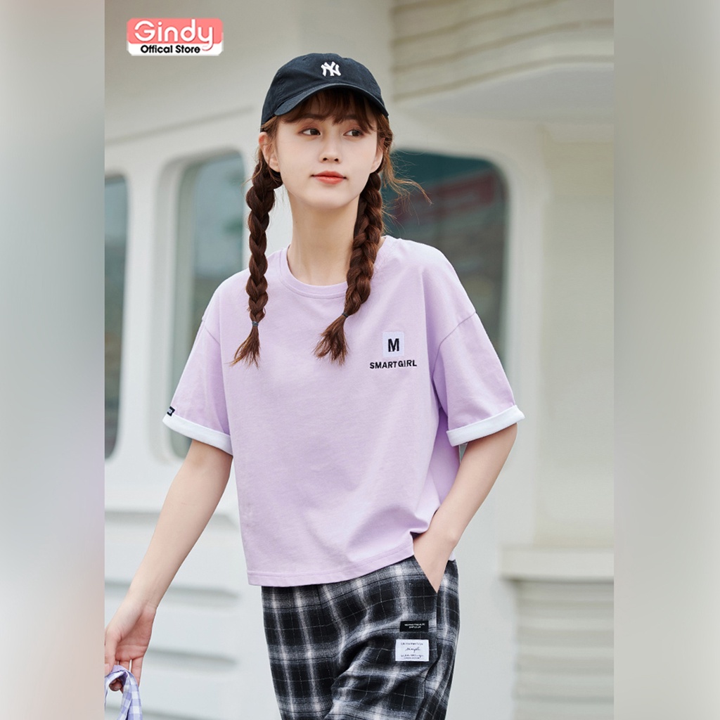 Áo thun nữ tay lỡ GINDY dáng lửng Smart unisex basic cổ tròn vải cotton thoáng mát phong cách Hàn Quốc A6175