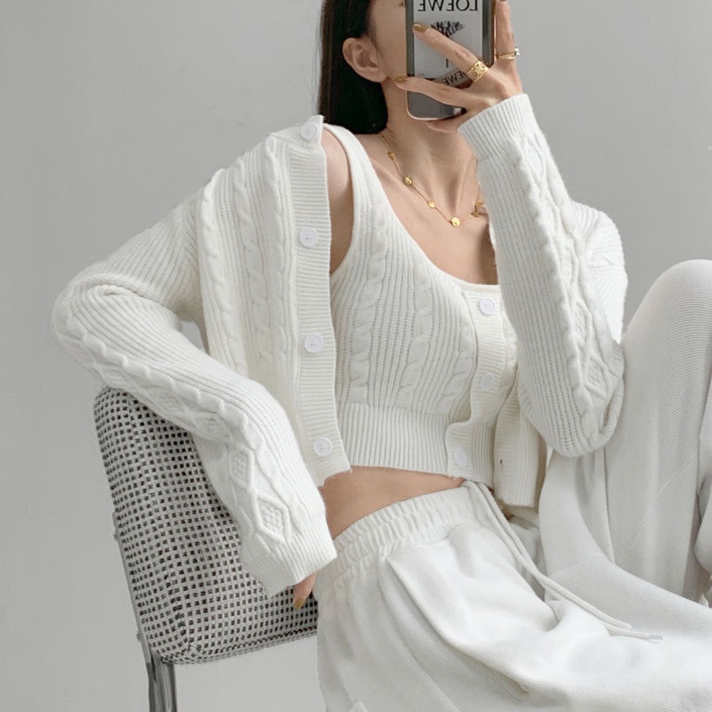 Áo Cardigan Dệt Kim Hai Mảnh Phong Cách Retro Thời Trang Xuân Thu Dành Cho Nữ