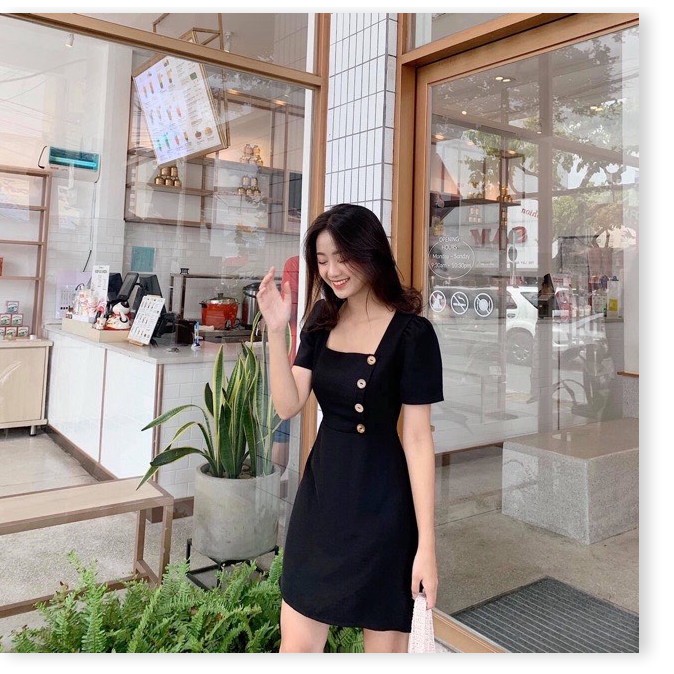 ĐẦM SUÔNG NỮ PHỐI NÚT CỔ VUÔNG TAY LỠ MẪU MÃ TRẺ TRUNG DỄ MẶC CỰC XINH