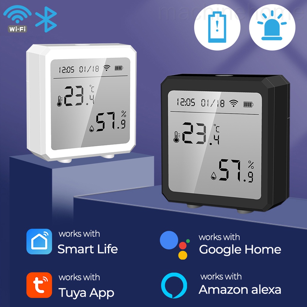 Máy cảm biến nhiệt độ wifi màu trắng chạy pin có nhiệt kế ẩm kế dò độ ẩm thông minh có màn hình kỹ thuật số