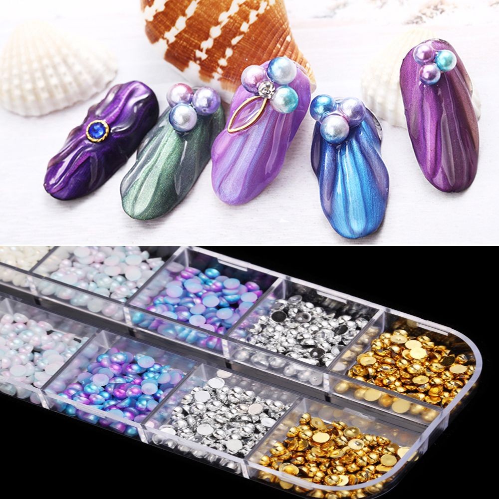 12 Colors 3D Pearls Nail Art Tips Glitter Acrylic Manicure Nail Decors