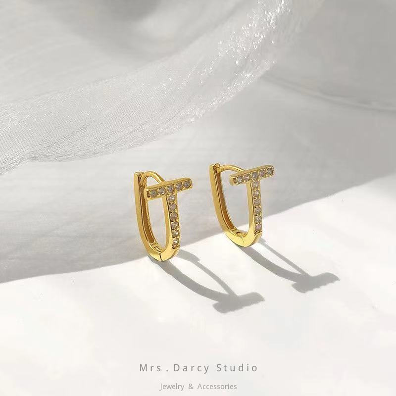 MRS.D【In Stock】100% Sterling Silver T-word Earrings S925 Earrings Stud Earrings Colors of Zircon Jewelry Gift Ear Clips Minimalist Earring Design Jewelry Girls Allergy Free