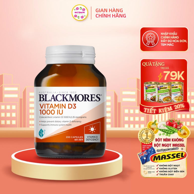 Viên uống bổ sung Vitamin D3 Blackmores 1000IU giúp hấp thụ canxi, xương chắc khỏe Healthy Care quatangme