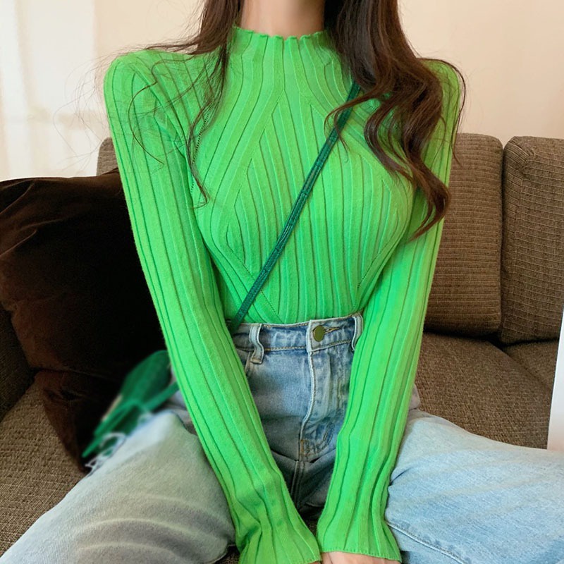 Áo Sweater Dệt Kim Tay Dài Cổ Lọ Màu Sắc Đơn Giản Phong Cách Hàn Quốc Cho Nữ