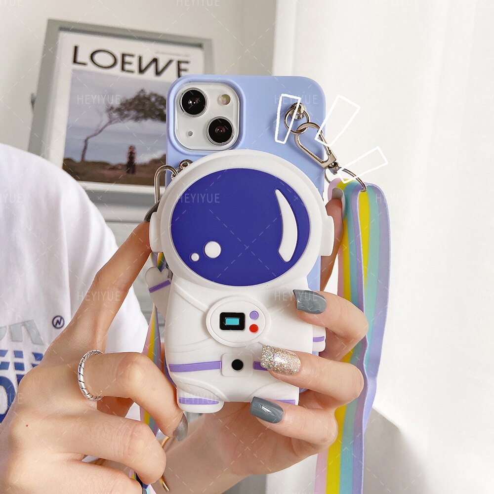 Ốp Điện Thoại Silicon Hình Phi Hành Gia 3D Kèm Dây Đeo Cho iPhone 14 11 12 13 Pro Max 8 7 6 Plus Xr Xs Max Xs X SE 2020 5