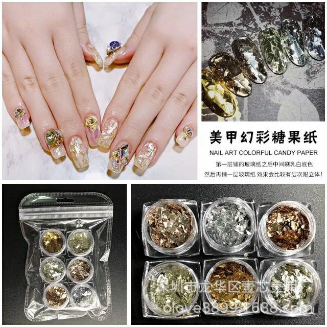 Set nhũ không tước nhũ giấy vàng bạc trang trí móng Nail