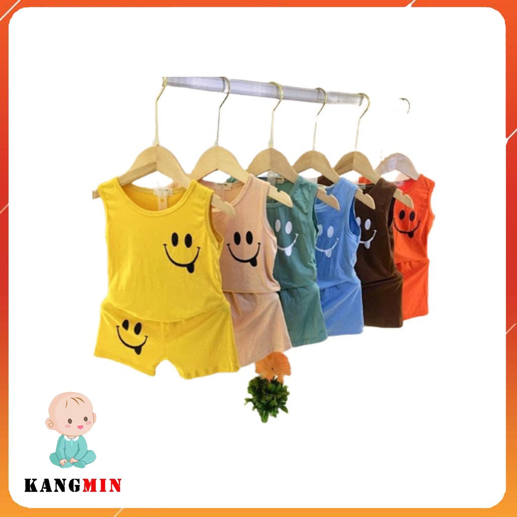 Bộ ba lỗ bé trai bé gái Kangminkids, bộ áo thun sát nách bé trai bé gái in mặt cười xinh TEO1, quần áo trẻ em từ 6-18kg