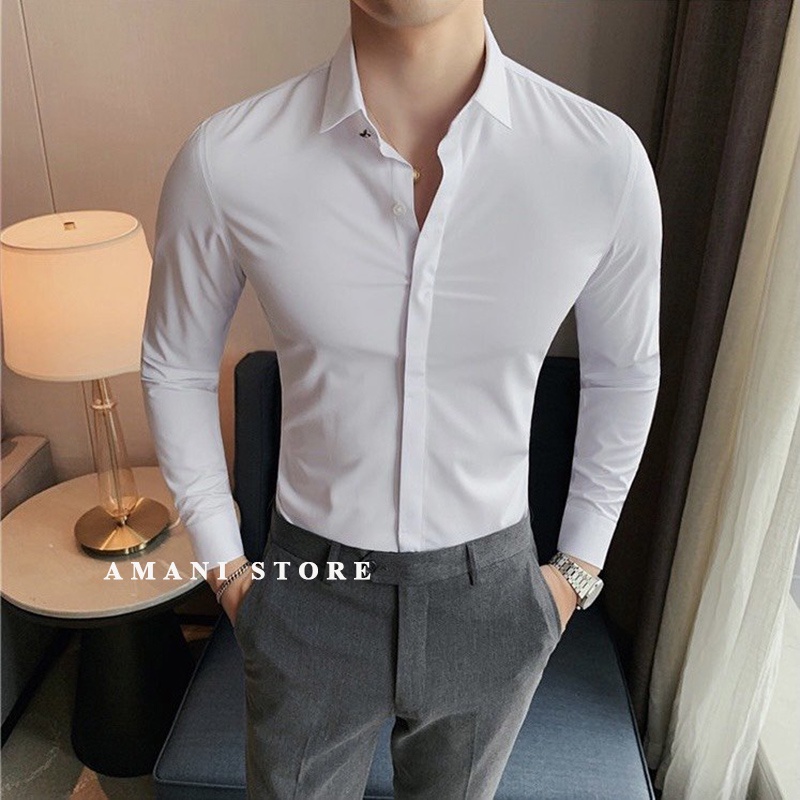 Áo sơ mi nam giấu cúc, Áo sơ mi nam trơn dài tay Hàn Quốc chất lụa Nhật chống nhăn chống phai cao cấp