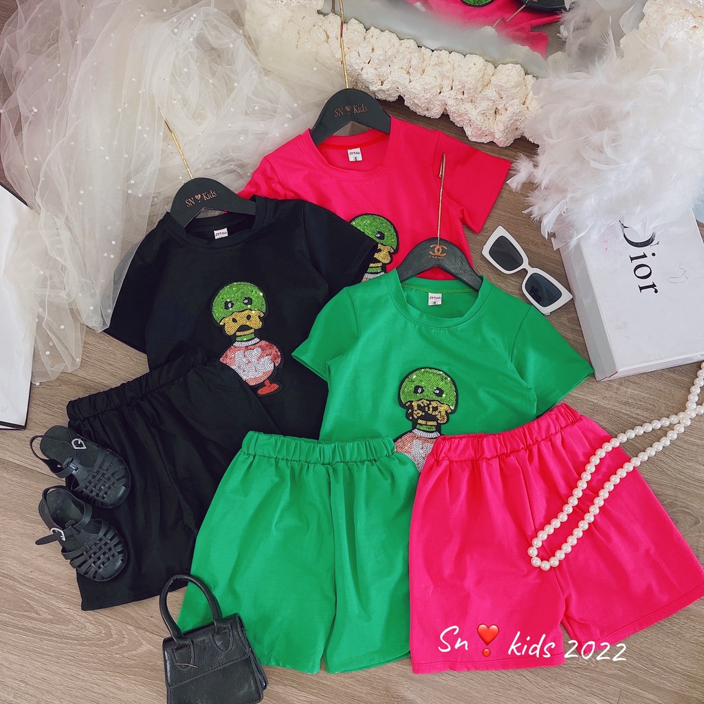 [ XẢ HÀNG] Bộ cộc tay bé gái, bộ cotton hình vịt thêu kim sa cho bé size 20-35kg