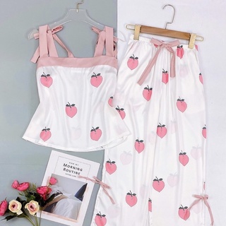 Đồ ngủ Lụa Satin 2 dây quần dài có dây vai điều chỉnh - Đồ Bộ Mặc Nhà Nữ Lụa Satin Cao Cấp