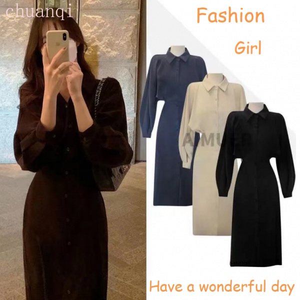 Đầm Sơ Mi Tay Dài Cổ Sơ Mi Thời Trang Retro Cho Nữ