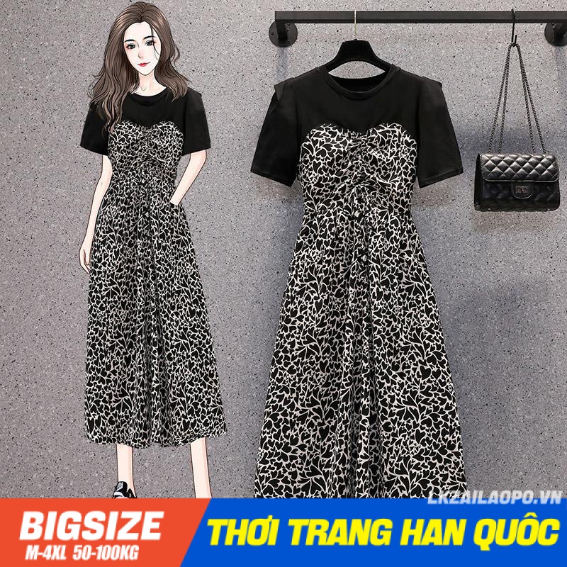 Đầm hoa nhí Bigsize Váy nữ Giả Hai dáng suông tay ngắn cổ tròn mùa hè Phong cách Hàn Quốc Thời Trang tiểu thư cá tính xinh đẹp cho người mập béo