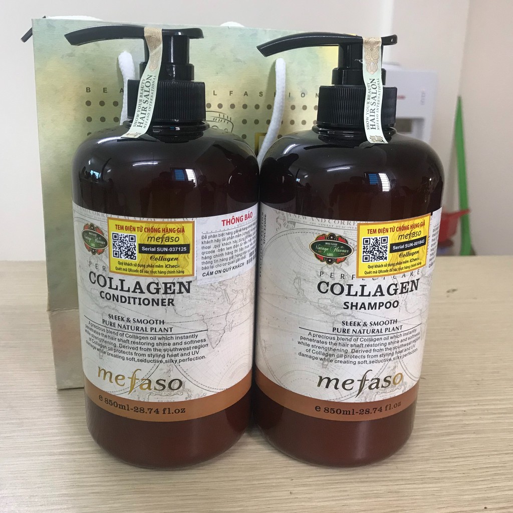 Bộ Gội Xả Dưỡng Tóc Collagen Mefaso 850ml Ý