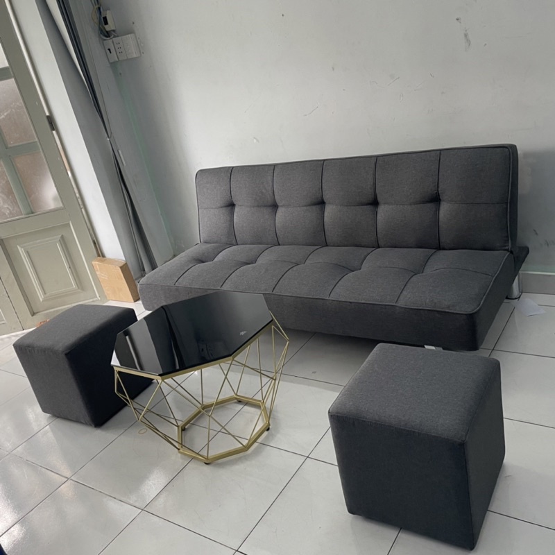 Nguyên bộ bàn ghế Sofa Bed Phòng Khách Màu Xám có bàn Kim Cương Đen mặt kiếng cường lực