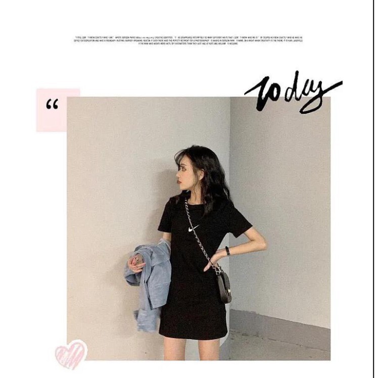 Váy dáng suông cổ tròn tay ngắn tay Đầm body đen thun tay ngắn | BigBuy360 - bigbuy360.vn