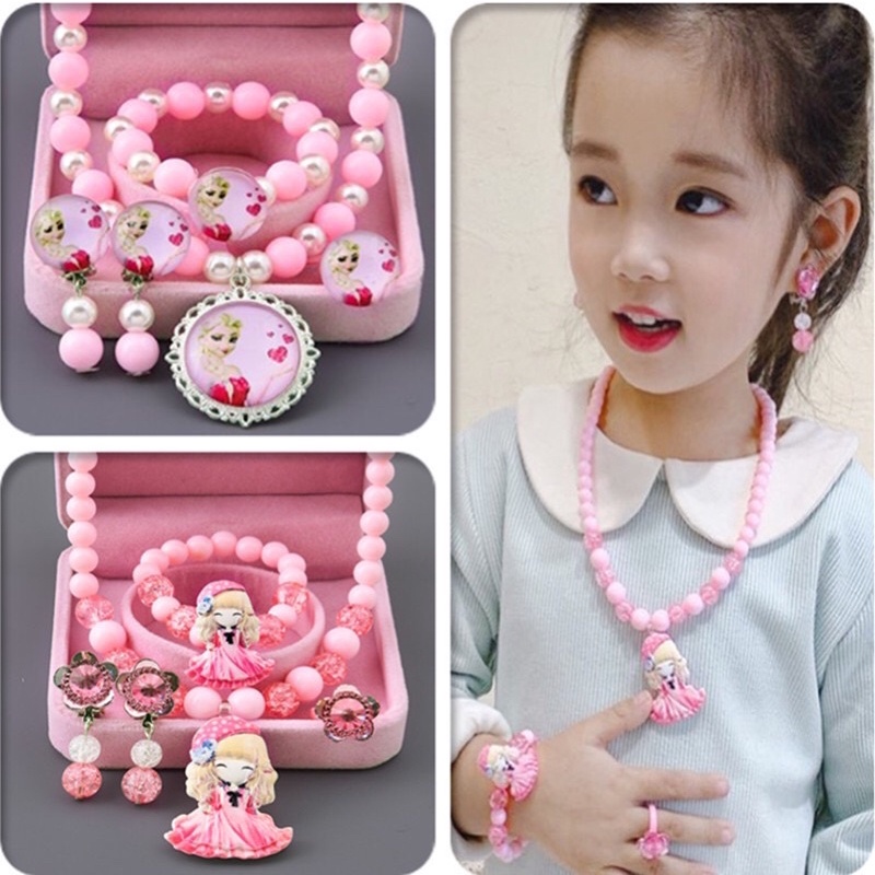 Bộ trang sức dây chuyền+vòng tay+nhẫn+bông tai cho bé gái siêu dễ thương