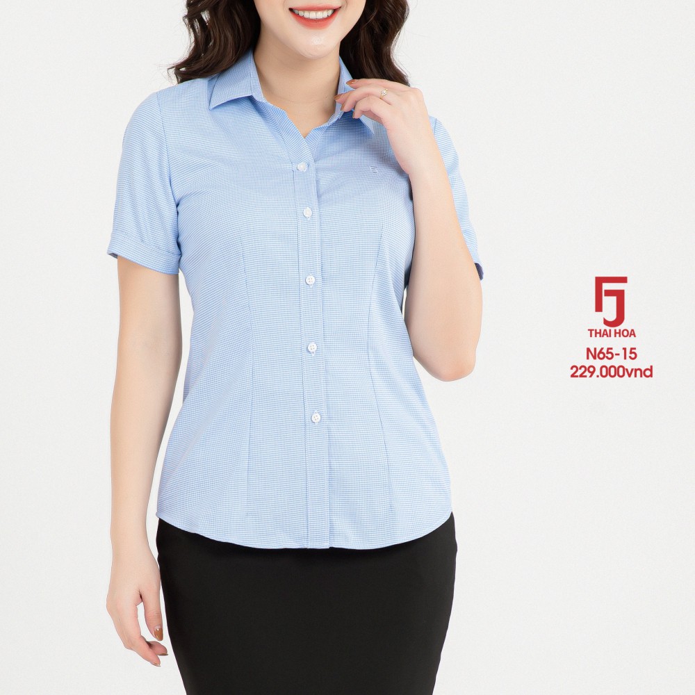 Áo sơ mi nữ Thái Hòa N65-15-01 Áo sơ mi công sở ngắn tay, màu xanh dương đậm , vải cotton ,caro nhuyễn.