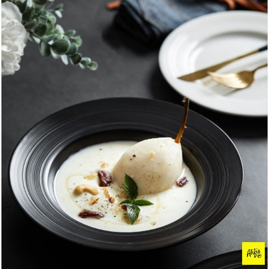 Đĩa sâu dùng ăn súp, mì ý, salad – đĩa có đường gần vân cách điệu – phong cách Bắc Âu – dùng cho bàn ăn và decor