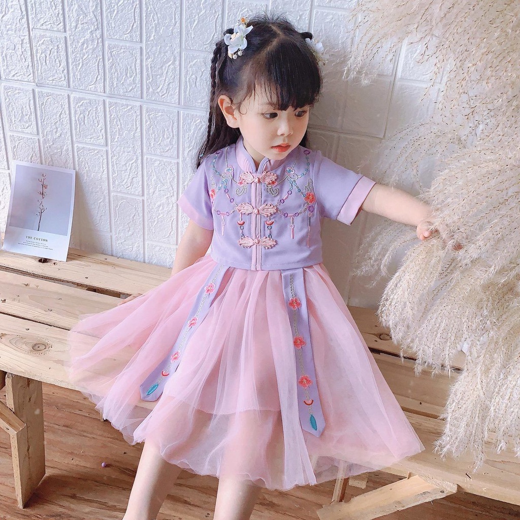 Đầm Hán Phục Tay Ngắn Phối Lưới Thêu Họa Tiết Phong Cách Trung Hoa Mới 2022 Cho Bé Gái