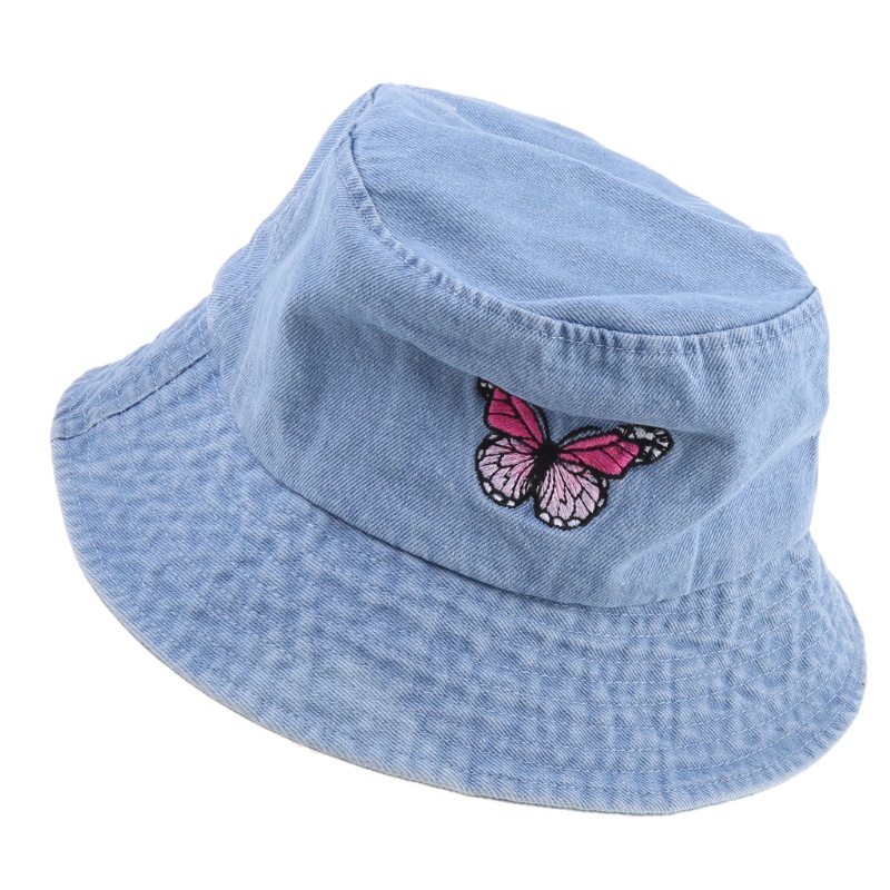 Nón Bucket Chất Liệu Denim Cotton Thêu Họa Tiết Bướm Thời Trang Unisex
