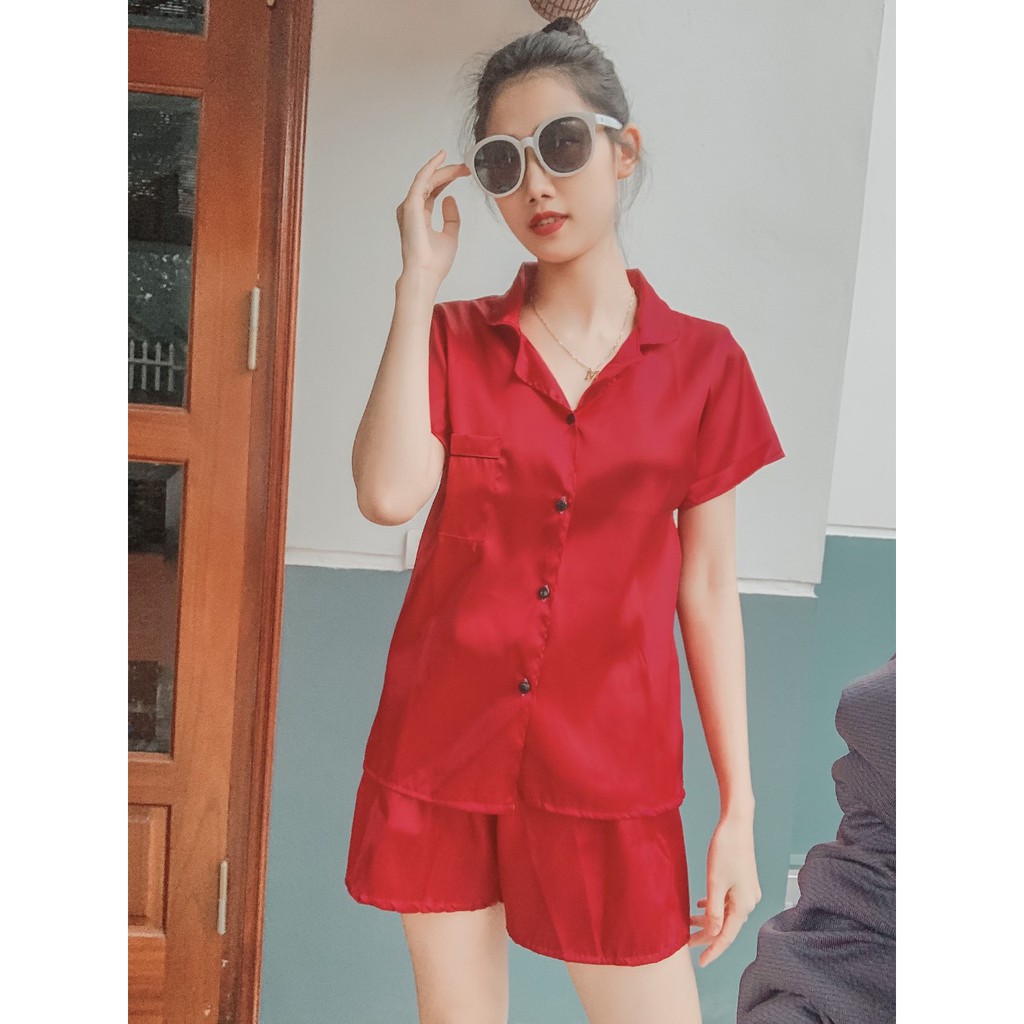 Bộ Đồ Pijama Lụa Bóng Nữ 🌸 Set ngủ cộc tay mặc ở nhà phi bóng trơn màu Đỏ | Vàng | Xanh Ulzzang SIÊU HOT 🌸 | WebRaoVat - webraovat.net.vn