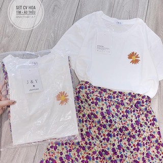 (vnxk) SET ÁO PULL THÊU HOA CÚC TRẮNG MIX CHÂN VÁY HOA NHÍ - SET ÁO VÁY HOA DAISY