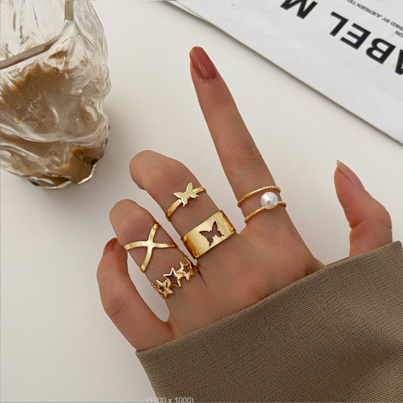 Set nhẫn Bell Mew 5 món hoạ tiết bướm bản dày NHAN77