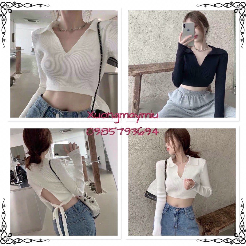Áo croptop dạng polo tay dài hở lưng chất thun gân đẹp | BigBuy360 - bigbuy360.vn